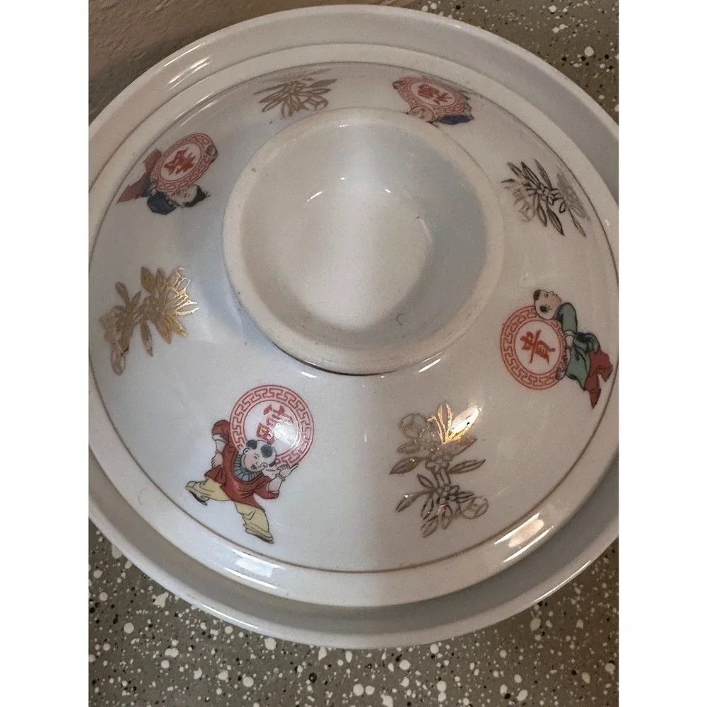 Vintage Porcelain Bowl with Lid – Made in‎ Taiwan, Gold Floral & Child Motif